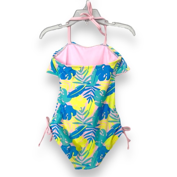 Cat & Jack Tropical Neon Floral Ruffle Halter Neck One Piece Swimsuit Size 4/5 - Picture 3 of 5